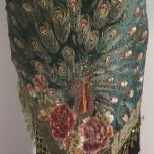Beautiful Olive Green Velvet Handpainted Beaded Hip Scarf Shawl